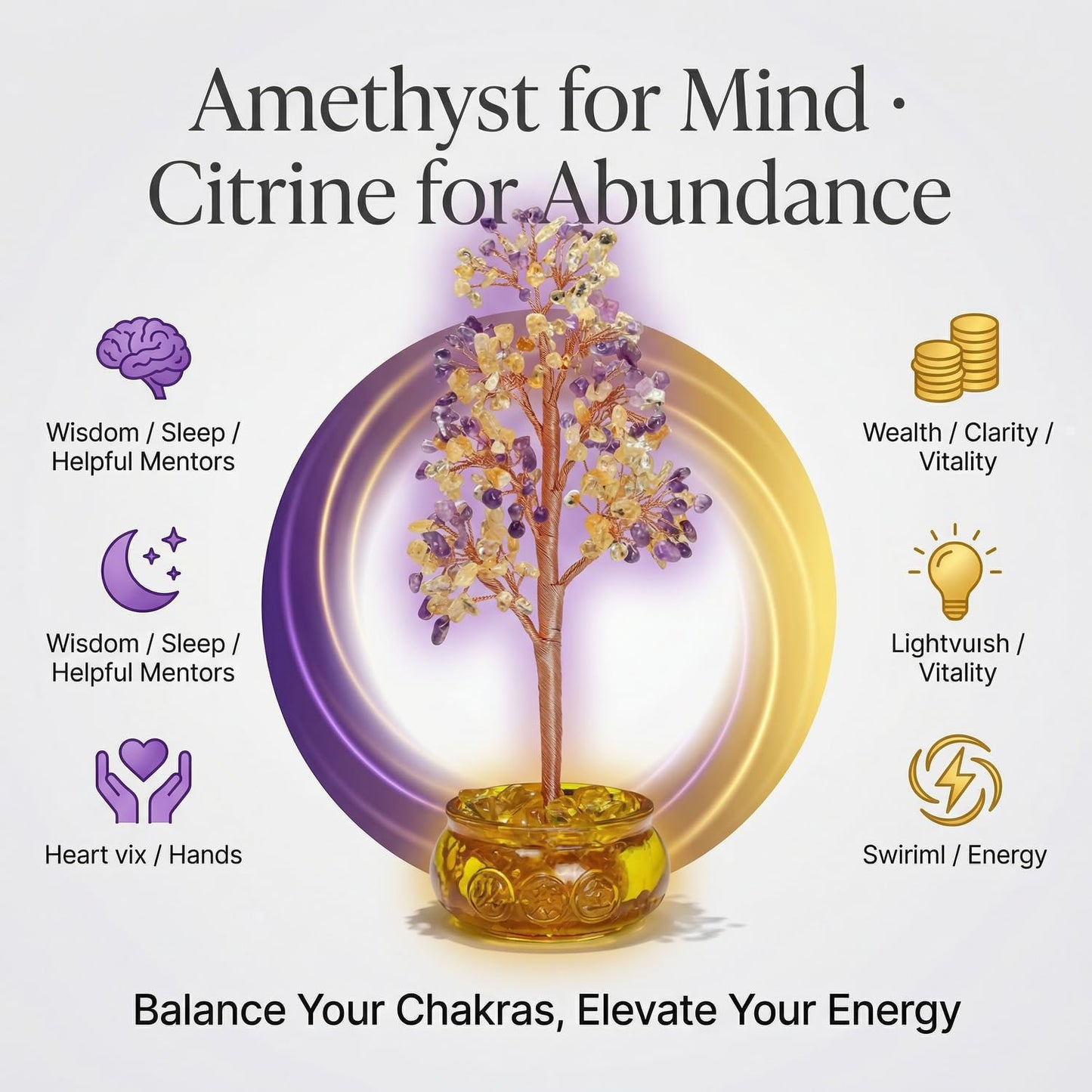 FATONIO Handmade Amethyst Citrine Crystal Money Tree Feng Shui Decor