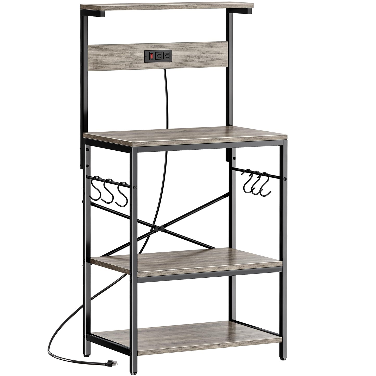 SUPERJARE Kitchen Bakers Rack with Power Outlet, Coffee Bar Table 4 Tiers, Kitchen Microwave Stand with 6 S-shaped Hooks, Storage Shelf Rack for Spices, Pots and Pans - Rustic Brown