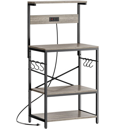 SUPERJARE Kitchen Bakers Rack with Power Outlet, Coffee Bar Table 4 Tiers, Kitchen Microwave Stand with 6 S-shaped Hooks, Storage Shelf Rack for Spices, Pots and Pans - Rustic Brown