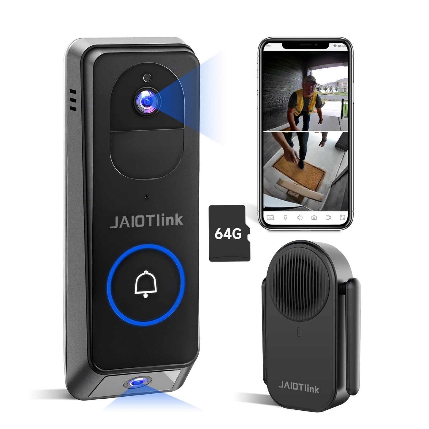2K Dual Lens Video Doorbell Camera Wireless with Chime, Package Protection, 64GB SD Card, Voice Changer, 2-Way Audio, Night Vision, Compatible with Alexa