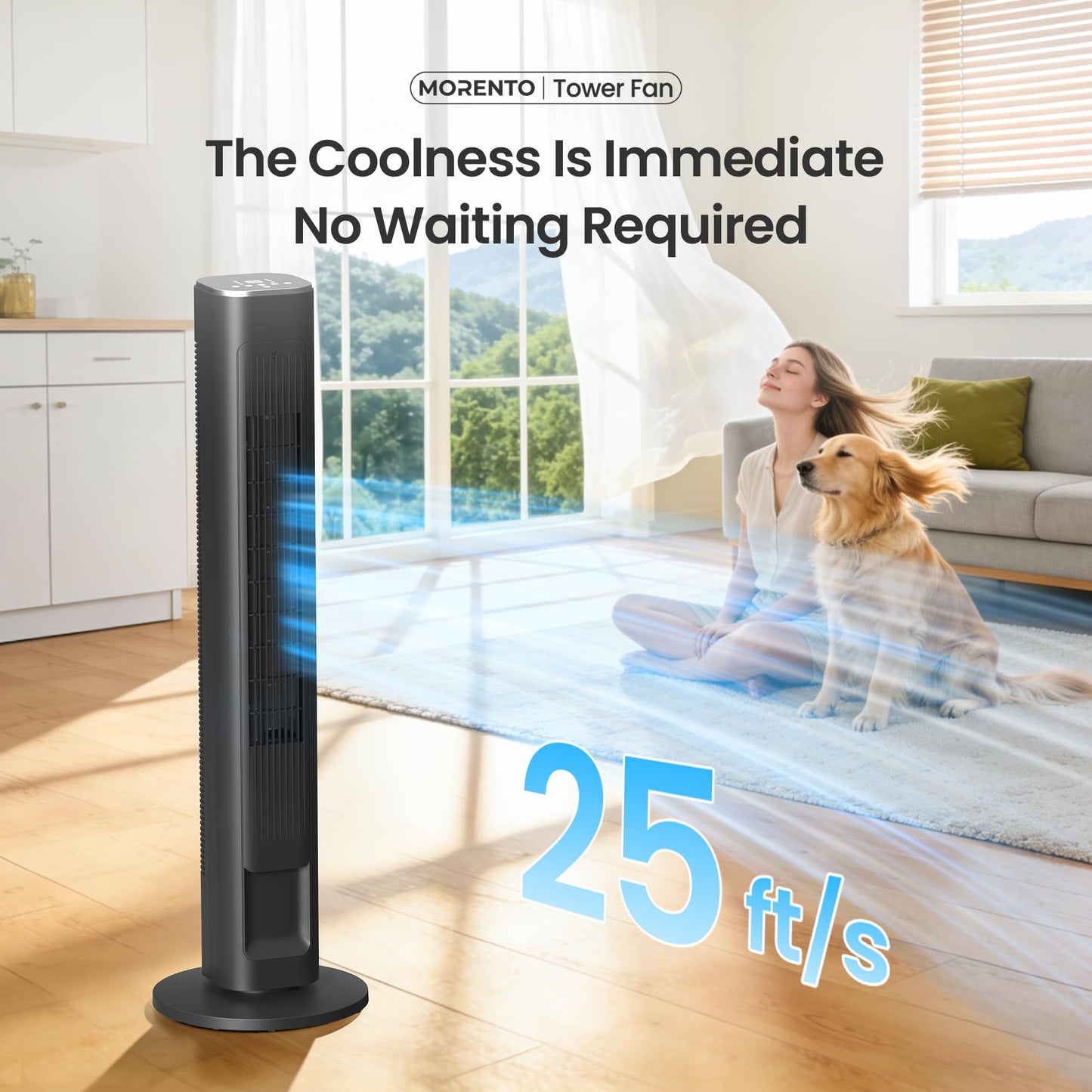 MORENTO Tower Fan for Bedroom, 2026 Upgraded 90° Oscillating 43" Standing Fan with 4 Speeds, 4 Modes, 25ft/s Velocity Bladeless Fan with APP/Voice/Remote/Touch Control, 28dB, 12H Timer, Black 1Pack