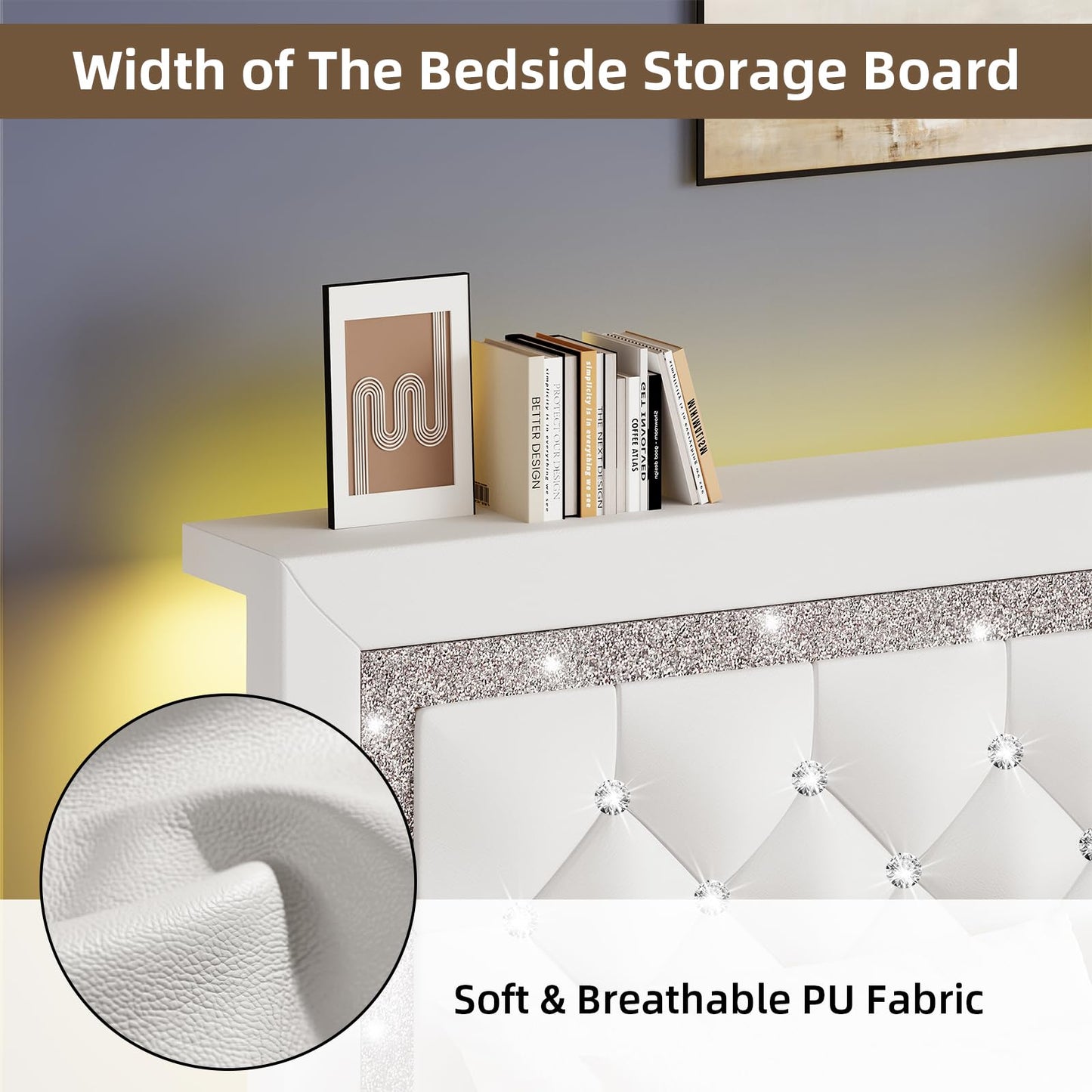 BarnFurin Full Size Bed Frame with Storage Headboard, Full Size Bed Frame with Headboard Diamond Tufted and LED Lights, Wooden Slats Support, Noise Free, No Box Spring Needed, Easy Assembly, White