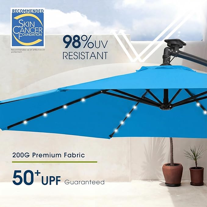 wikiwiki 10ft Solar LED Patio Umbrella with Base Included, Offset Umbrella with Sandbag Base, Cantilever Patio Umbrellas for Backyard, Garden & Deck, 32 LED Lights & Polyester Shade, Royal Blue