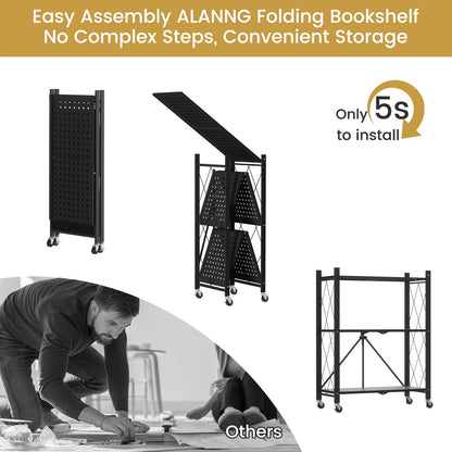 ALANNG 3 Tier Folding Storage Shelves with Wheels, 2 Pack (Black + White)