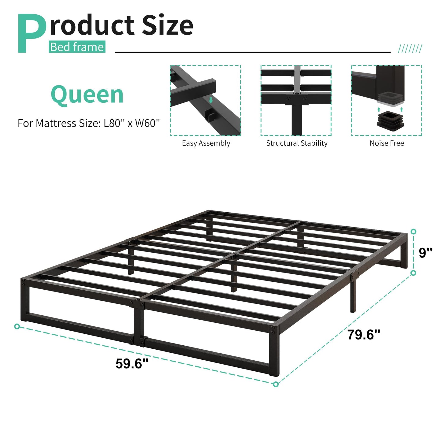 Lutown-Teen 9 Inch Queen Size Bed Frame Heavy Duty Steel Slat Support Metal Platform Queen Bed Frame No Box Spring Needed, Easy Assembly, Black