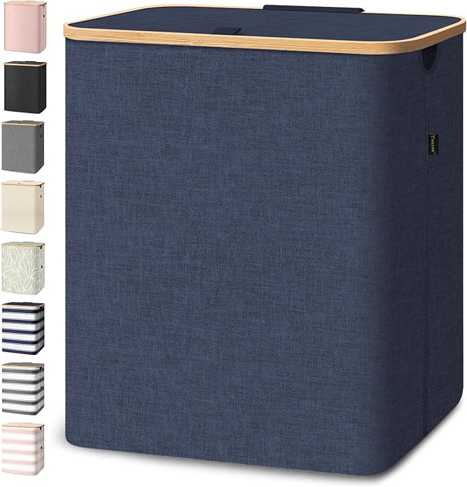 BALEINE Laundry Hamper with Lid, Tall Laundry Baskets with Bamboo Pull Handles