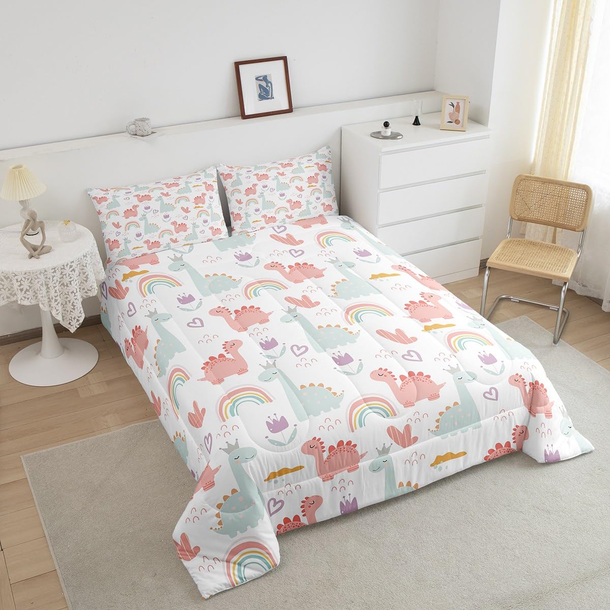 Feelyou Cartoon Dino Comforter Set Twin, Pink Green Dinosaur Comforter Cute Jungle Dino Comforter Set for Kids Boys Girls Cute Rainbow Duvet Set Microfiber Quilt Set