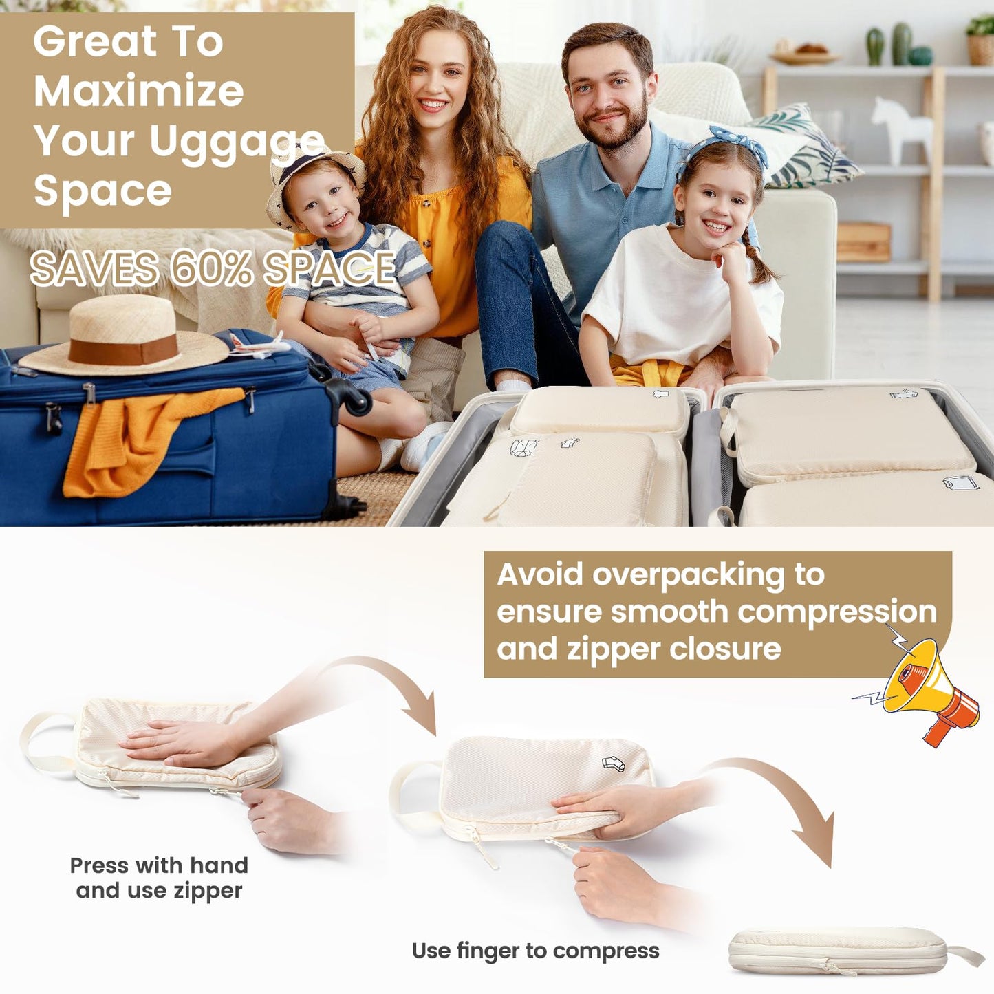 Compression Packing Cubes for Backpack,8 PCS Travel Packing Cubes for Suitcases Waterproof Suitcase Organiser Bags Travel Essentials（Beige）