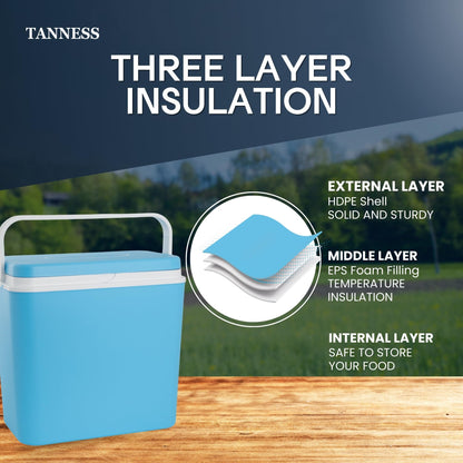 Tanness 24L Cool Box – Compact Insulated Ice Cooler Box for Hot or Cold Food and Drinks – Portable Ice Cooler for Camping, Picnics, Festivals, Travel, Beach, BBQs & Outdoor Adventures
