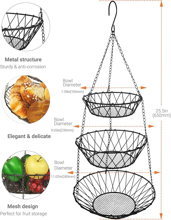 3 Tier Hanging Basket with Sturdy Metal Chain Hanging Hooks Fruit and Vegetable