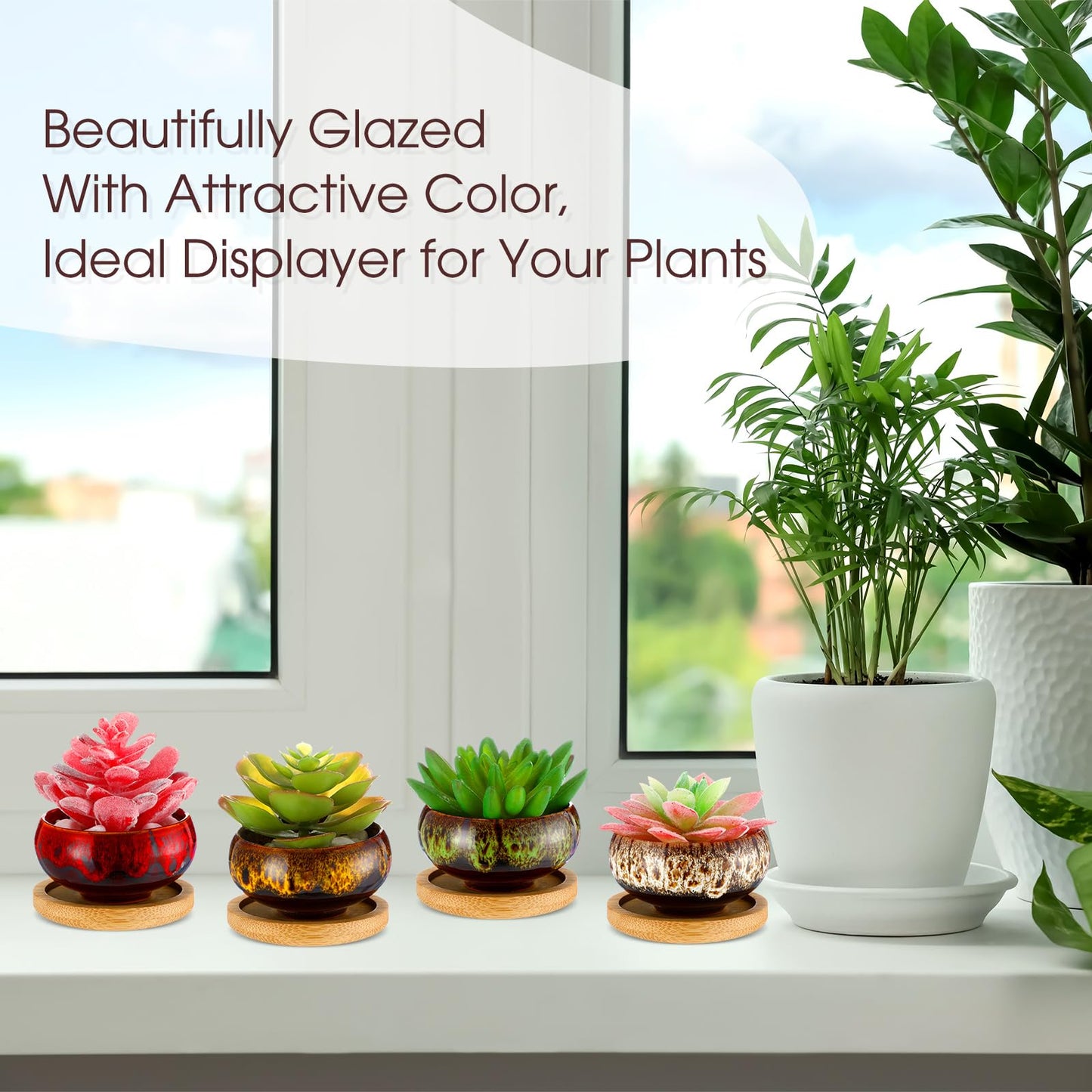 RimCereal 12 Pcs Succulent Pots 2.5 Inch Mini Ceramic Succulent Garden Flower Pots Planters with Drainage and Bamboo Tray for Indoor Garden Plants Planters Colorful Flower Pot(Round,1.2 Inch H)