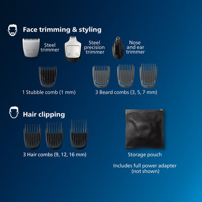 Philips Norelco Multi Groomer - 13 Piece Mens Grooming Kit for Beard, face, Nose, and Ear Hair Trimmer and Hair Clipper - NO Blade Oil Needed, MG3740/40