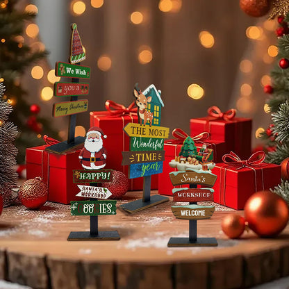 YvSuZeBuDa Christmas Table Decorations, 4 Piece Wooden Rectangular Sign Boards, Rustic Farmhouse Style, Polychrome, 8.86 x 4.72 Inches, Wall Mount with Twine, Cozy Theme (Santa hat)