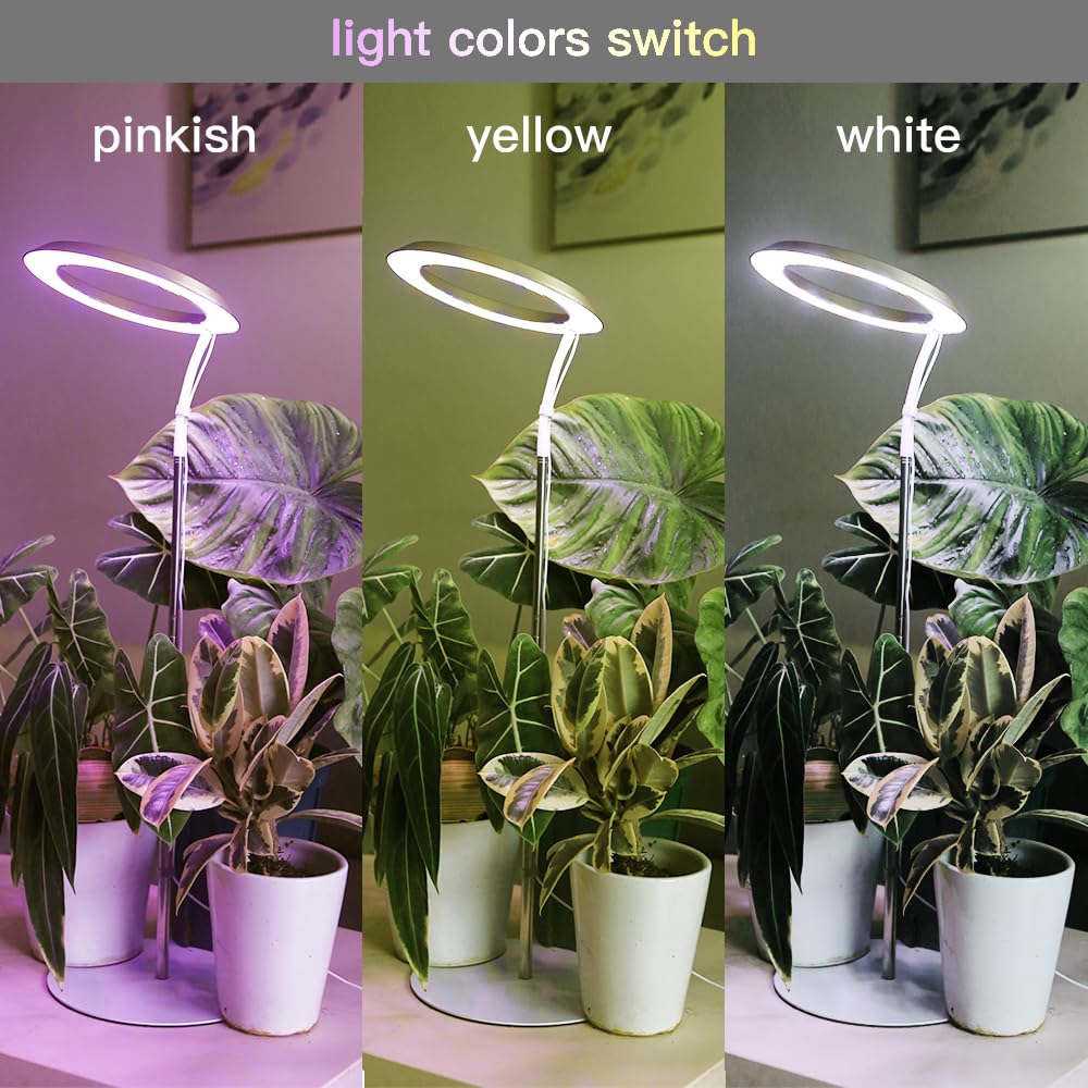 Qux 10” Halo Pro Grow Light,Full Spectrum LED Freestanting Plant Grow Lamp with 3 Kind of Light Colors switchover & 10-Level Dimmable,Auto On Off Timing 4/8/12Hrs for Indoor Larger Plants (Gold)