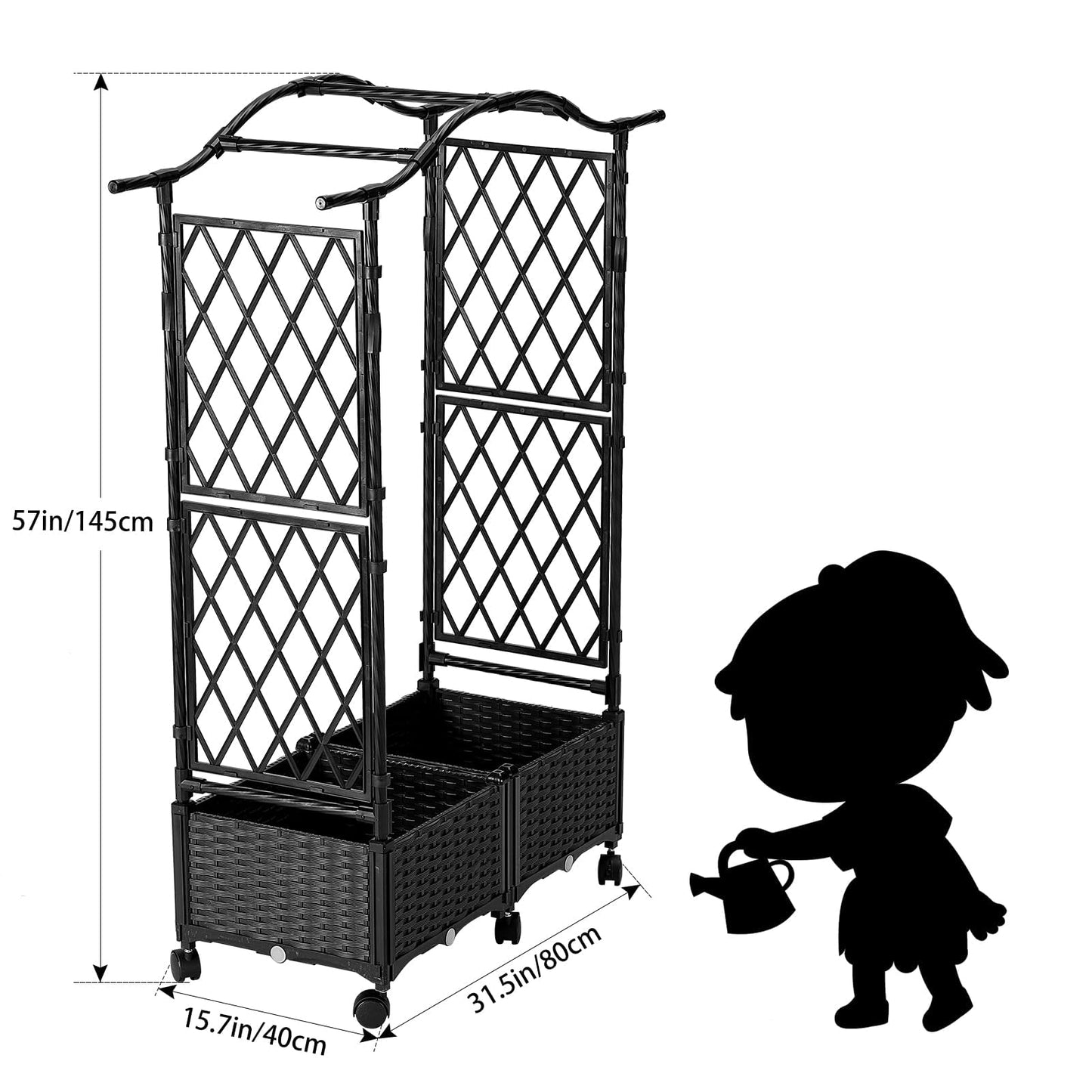 yotoworth Planter Box with Trellis Outdoor, Plastic Raised Garden Bed Trellis Planter Box with Wheels and Drainage Hole for Patio Balcony Backyard Indoor Flower Vegetable Tomato, Black