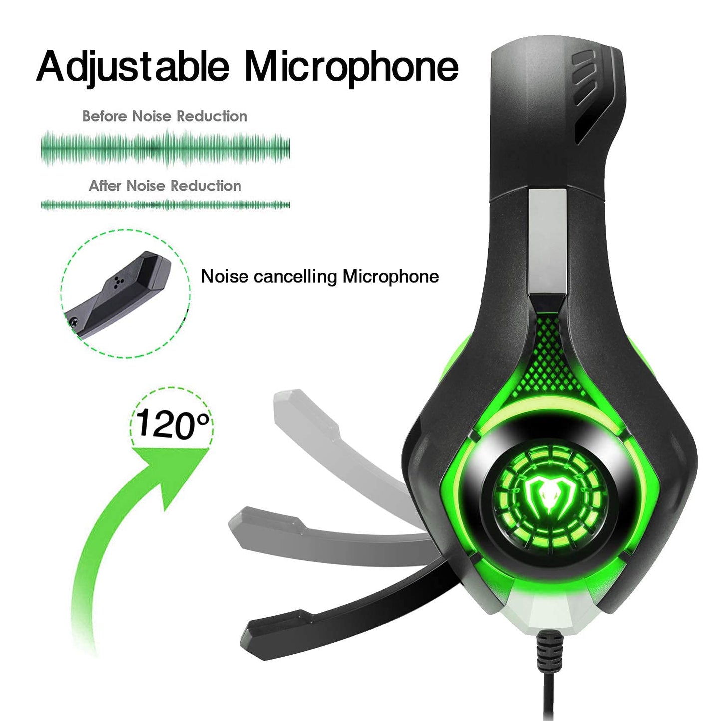 BlueFire Wired Gaming Headset for PS4 PS5 Xbox One PC – Over-Ear Headphones with Surround Sound, Noise Canceling Mic, Soft Memory Foam, LED Light, 3.5mm Jack for Console & Laptop (Green)
