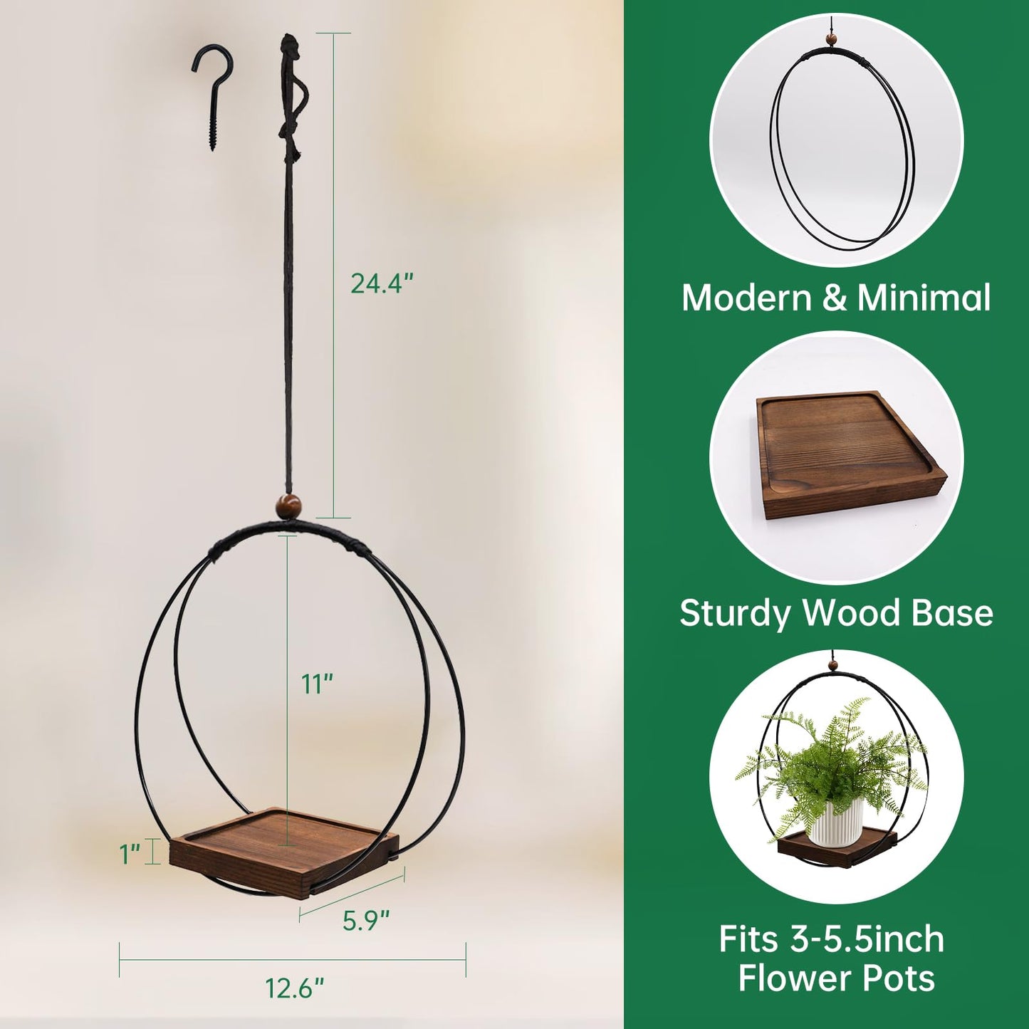 hismocal 2 Pack Hanging Planter for Indoor Plants, Black Plant Hanger with Sturdy Wood Base, Modern Boho Macrame Hanger, Wall Ceiling Window Planter (Plants/Pots Not Included)