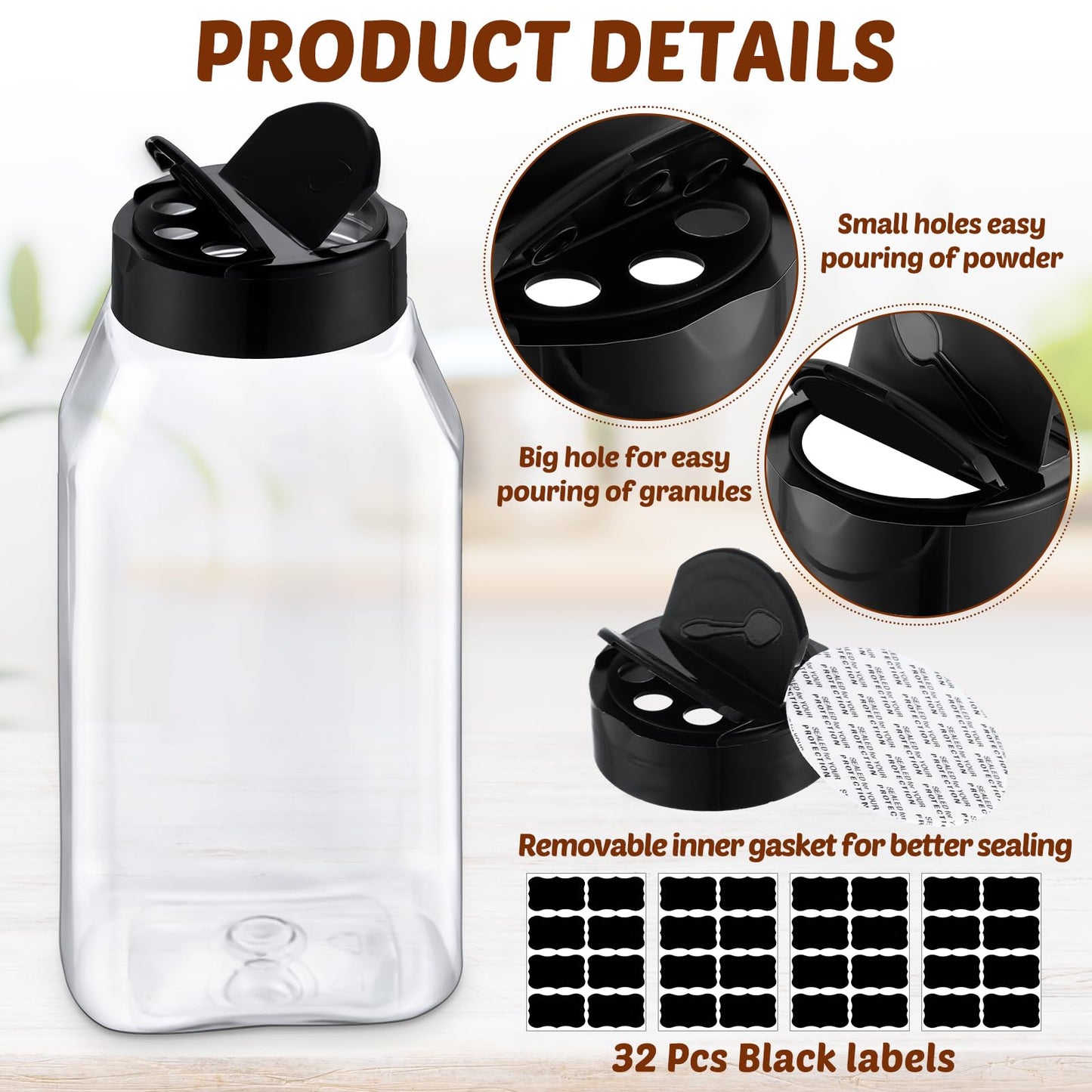 Mifoci 28 Pack 16 oz Plastic Spice Jars with Cap Square Plastic Bottle Containers with Shaker Lids and Stickers Large Seasoning Shaker Empty Powder Storage Container for Storing Salt Herbs (Black)