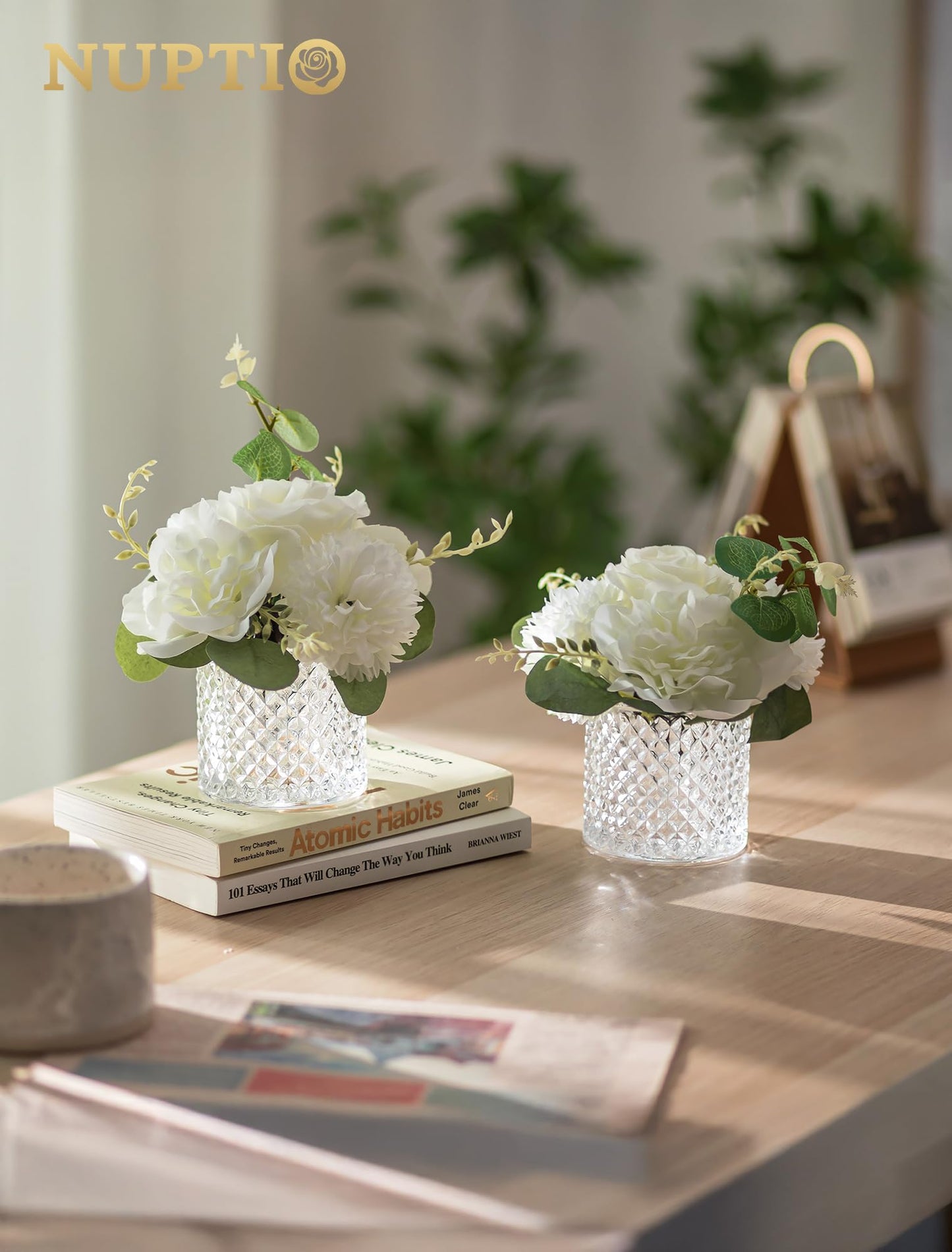 NUPTIO Small Fake Flower in Vase: 2 Pcs Silk Artificial Flowers with Clear Glass Vases for Living Room Bathroom Office Decor - Faux Rose Mums Floral Arrangements Wedding Dining Table Centerpiece