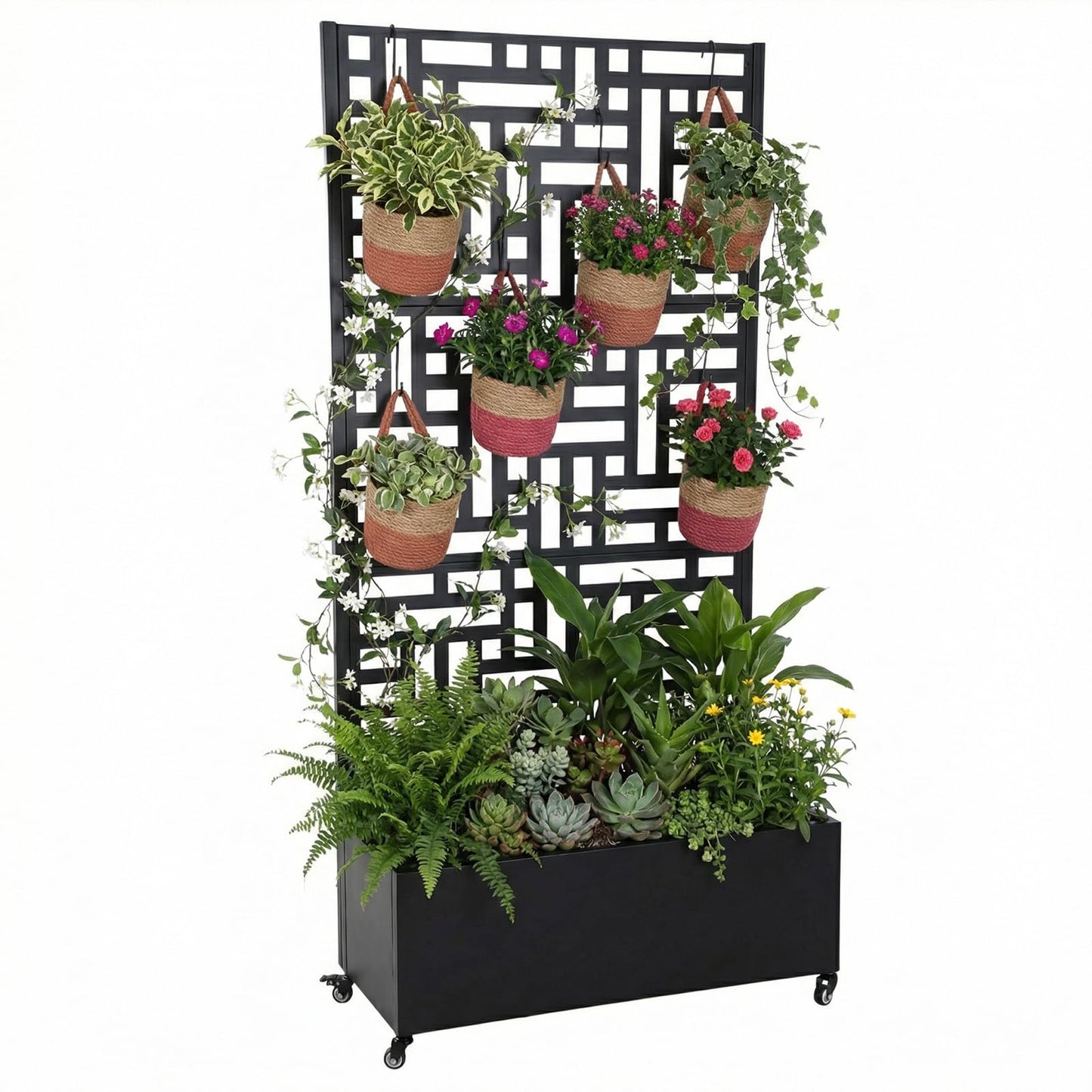 ALINUOYQ 70.87x35.43x15.75 Inch Metal Planter Box with Trellis and Wheels Raised Garden Bed with Drainage Holes Privacy Planters Suitable for Climbing Plants and Vegetables (02)