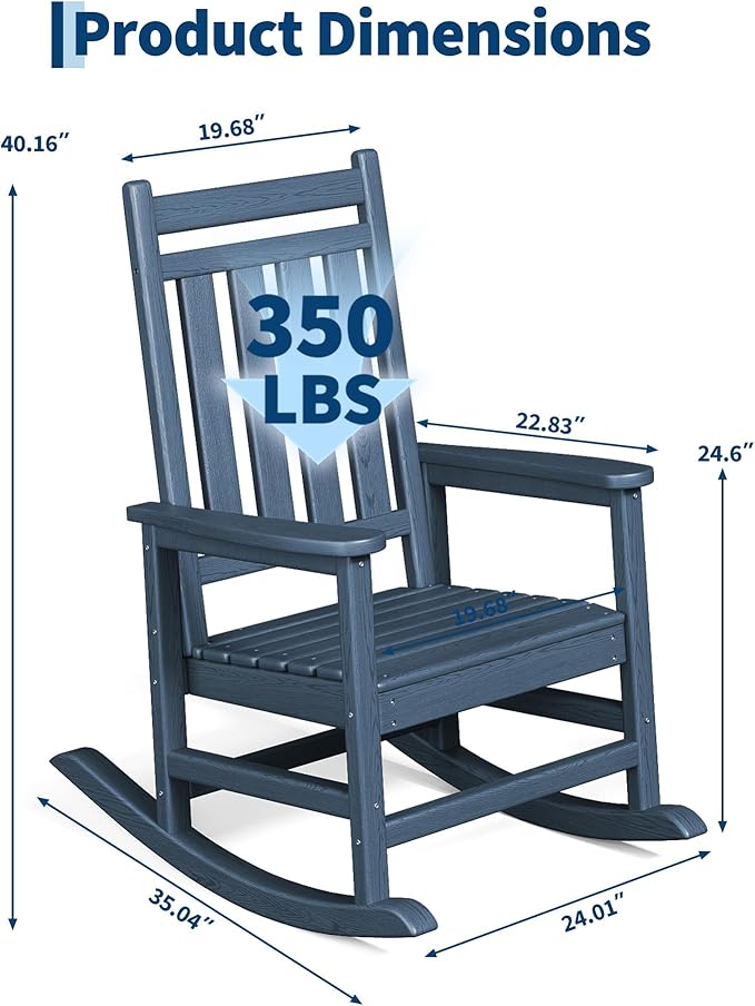 GarveeLife Poly Lumber Rocking Chair Outdoor Set of 2 - HDPE High Back Porch Rocker Chairs for Adults - All Weather Resistant Furniture for Patio - Navy Blue
