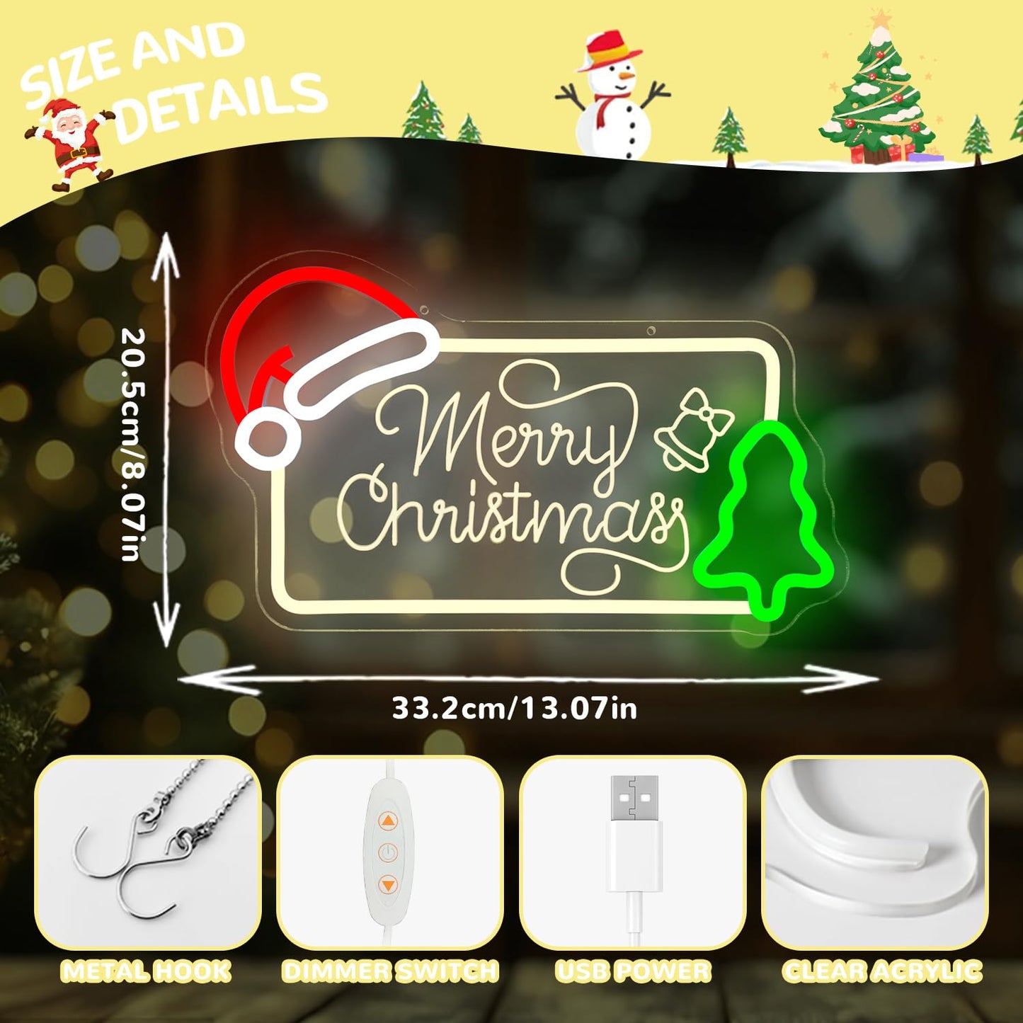 hhuohuona Merry Christmas Neon Sign Dimmable Neon Christmas Sign with Santa Hat & Tree Merry Xmas Light Up Signs for Wall Decor Holiday Gifts Decorations for Home