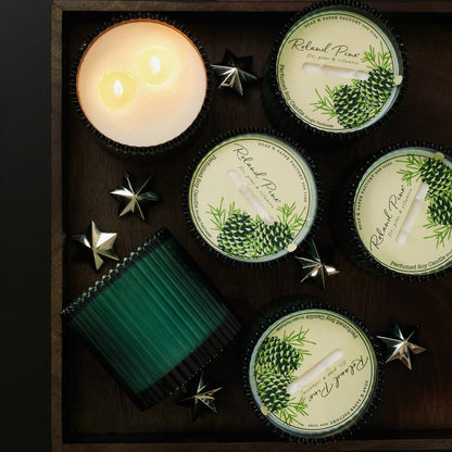Roland Pine Two-Wick Forest Green Ribbed Glass Candle