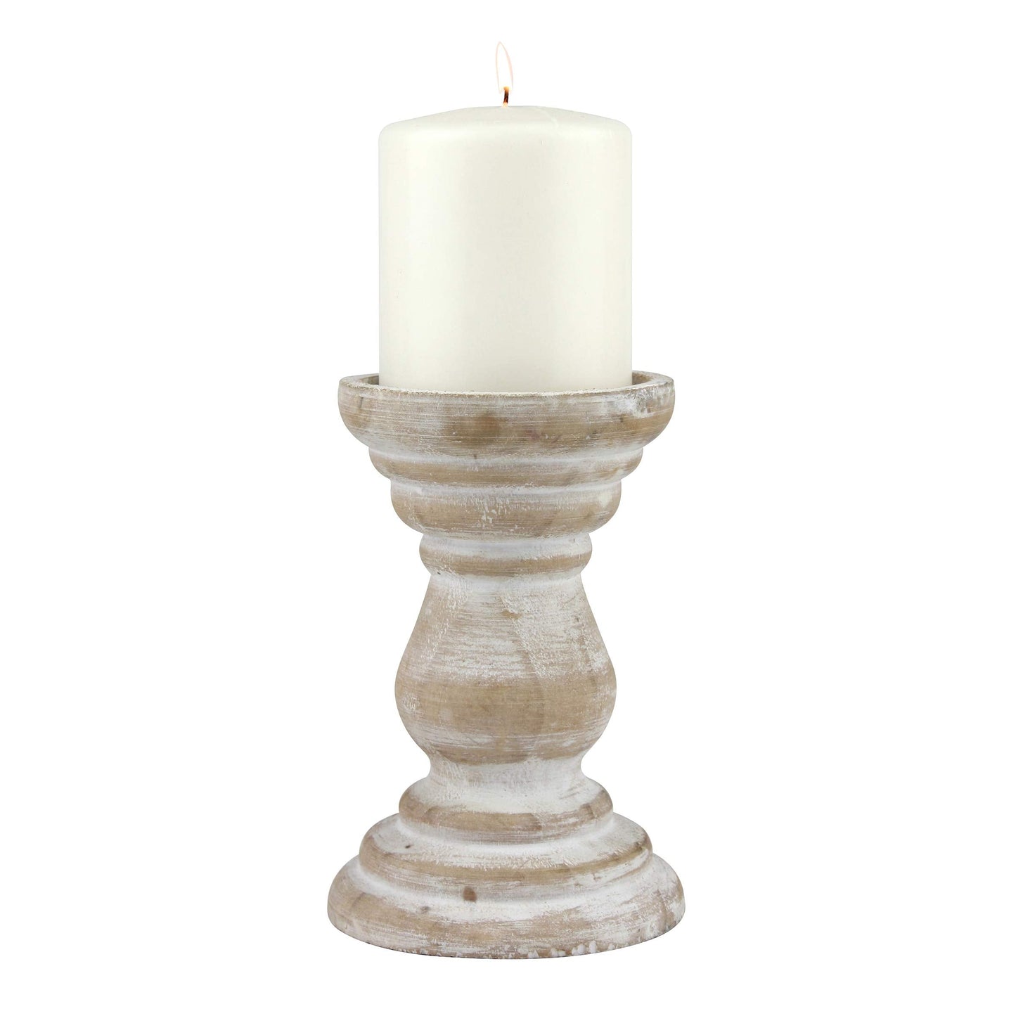 Stonebriar Antique White Wooden Pillar Candle Holders, Vintage Seaside Stand for Table Top, Medium and Small