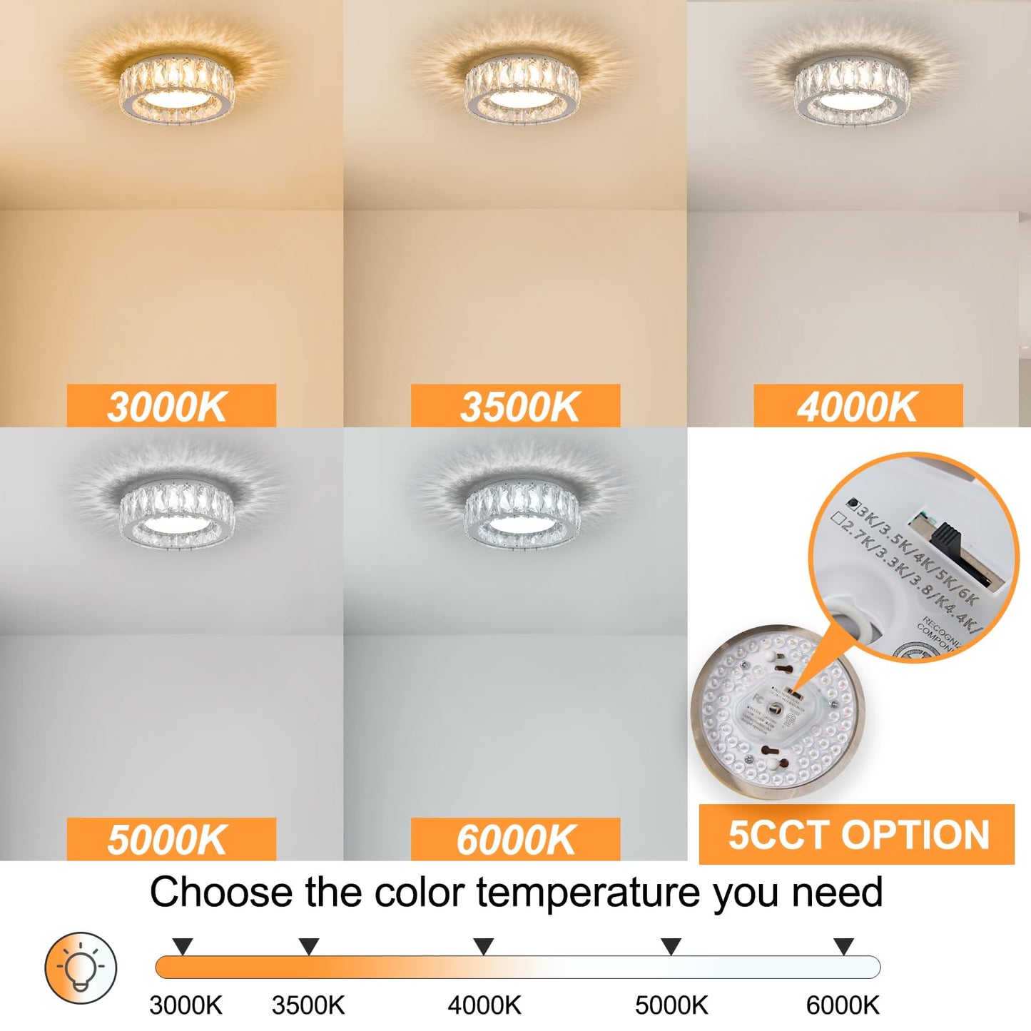 Suenigle Dimmable Modern Luxury Crystal LED Flush Mount Ceiling Light,11 Inch 24W/5CCT 3000K-6000K Chrome Small Close to Ceiling Lighting Fixtures for Kitchen,Entryway,Laundry Room,Porch,Hallway