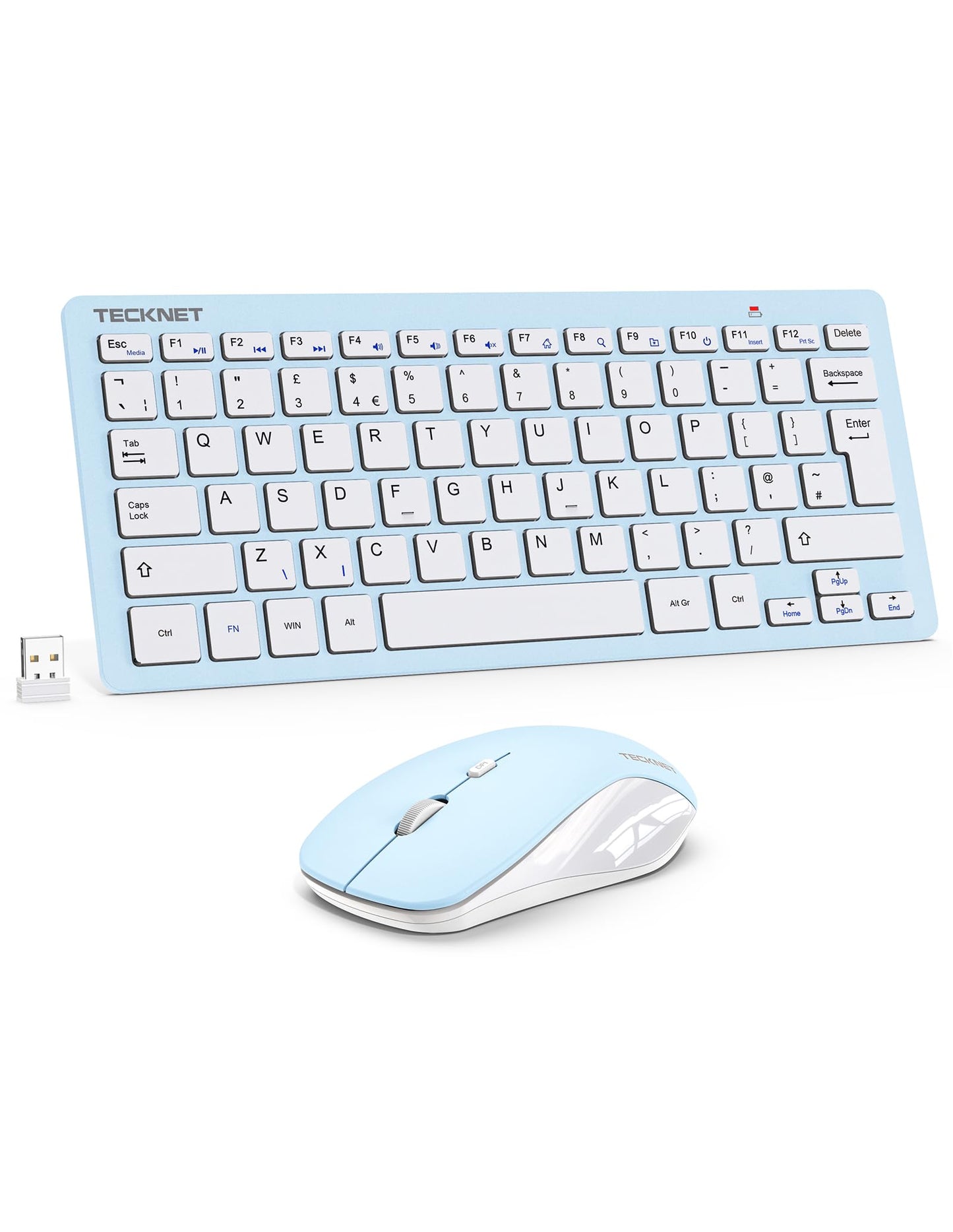 TECKNET Mini Wireless Keyboard and Mouse Set, 2.4G Cordless USB Keyboard and Silent Mouse Comb with Nano USB Receiver, 12 Multimedia Shortcuts for Computer, PC, Laptop, Desktop, Blue