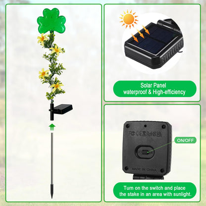 Hokfirm ST Patrick's Day Decorations Outdoor,2 Pack Shamrock Solar Lights Outdoor,Solar Powered Green Fairy Lights Holiday Decorations for Yard,Lawn,Garden Stkae