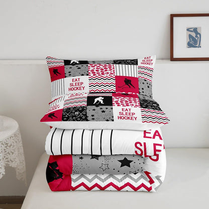 Erosebridal Ice Hockey Down Comforter, Hockey Player Comforter Set Full for Teens Kids Boys Men, Geometric Plaid Grid Bedding Set Sports Games Duvet Sets with 2 Pillow Cases, Black White and Red