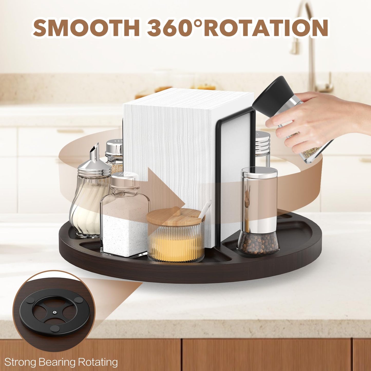 FODIENS Napkin Holder for Table, Rotating Napkin Dispenser with Salt and Pepper Shakers Storage, Standing Paper Napkin Organizer for Kitchen Dining Table Decor (1, Brown Round)