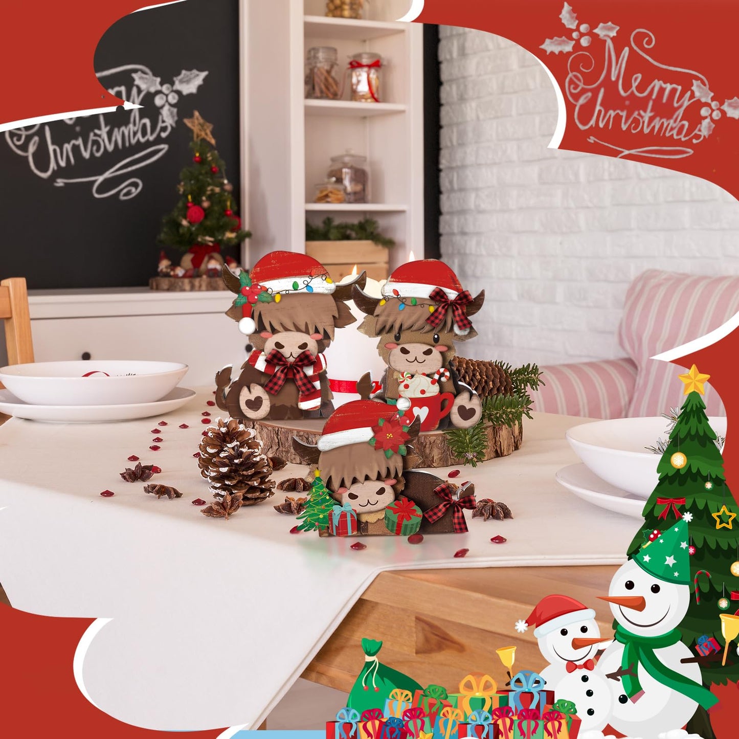 GlikCeil 3 Pcs Christmas Highland Cow Wooden Table Decorations Centerpiece Block Christmas Highland Cow Tiered Tray Tabletop Sign for Office Dining Room Mantle Party Supplies Home