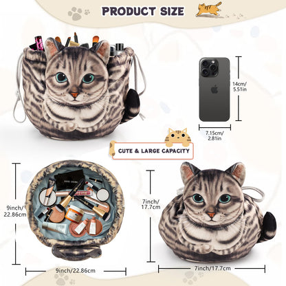 Cat Drawstring Makeup Bag,Flat Lay Make Up Bag,Portable Travel Cosmetic Bag Storage Organiser,Bag for Purse,Cat Gifts for Women/Girls/Cat Lovers