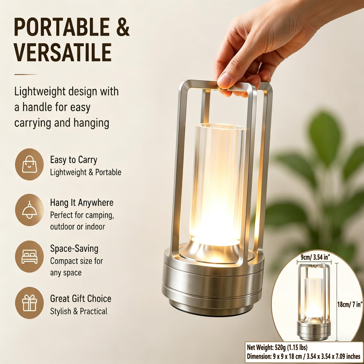 Candico Rechargeable Crystal Table Lamp, 3-Color Touch LED, Silver
