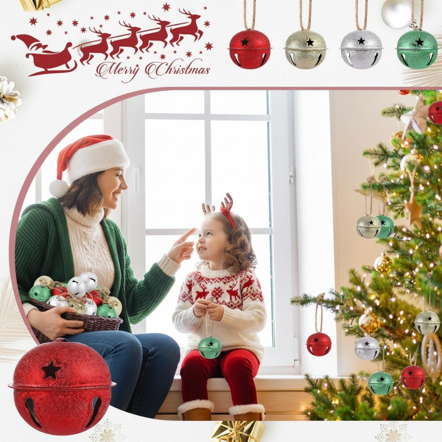 Zubebe Christmas Bells Jingle Bells Large 2.5 Inch Star Cutout Ornament for Crafts Christmas Tree Decor Gift Wrapping(Glitter Red, Green, Gold, Silver,12 Pcs)
