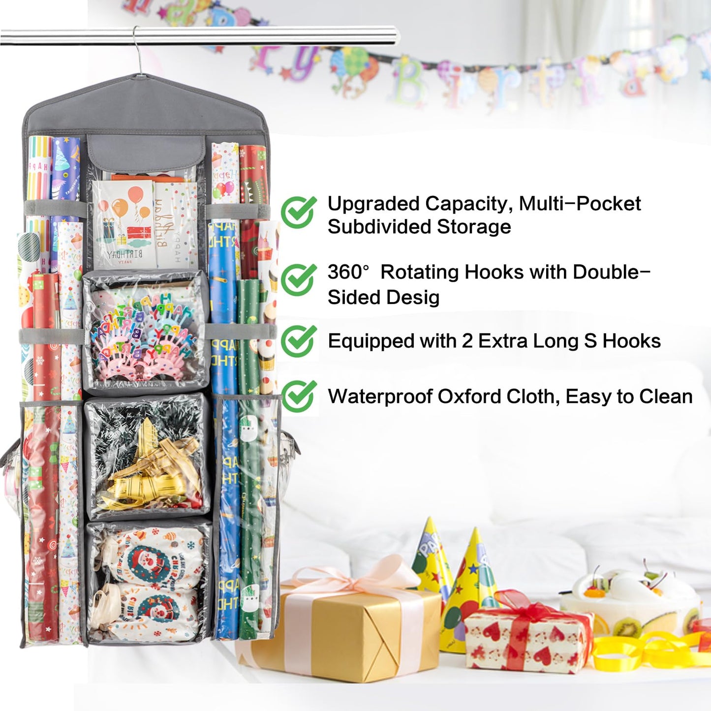 EOLIMEX Christmas Wrapping Paper Organizer Storage, Hanging Gift Bag Storage Organizer, Double-Sided Wrapping Paper Holder Storage - Grey