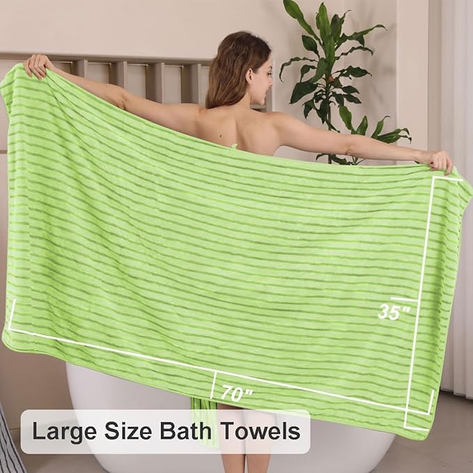 4 Pcs Grass Green Cabana Stripe Large Bath Towels 35"x70" Oversized Bath Sheet