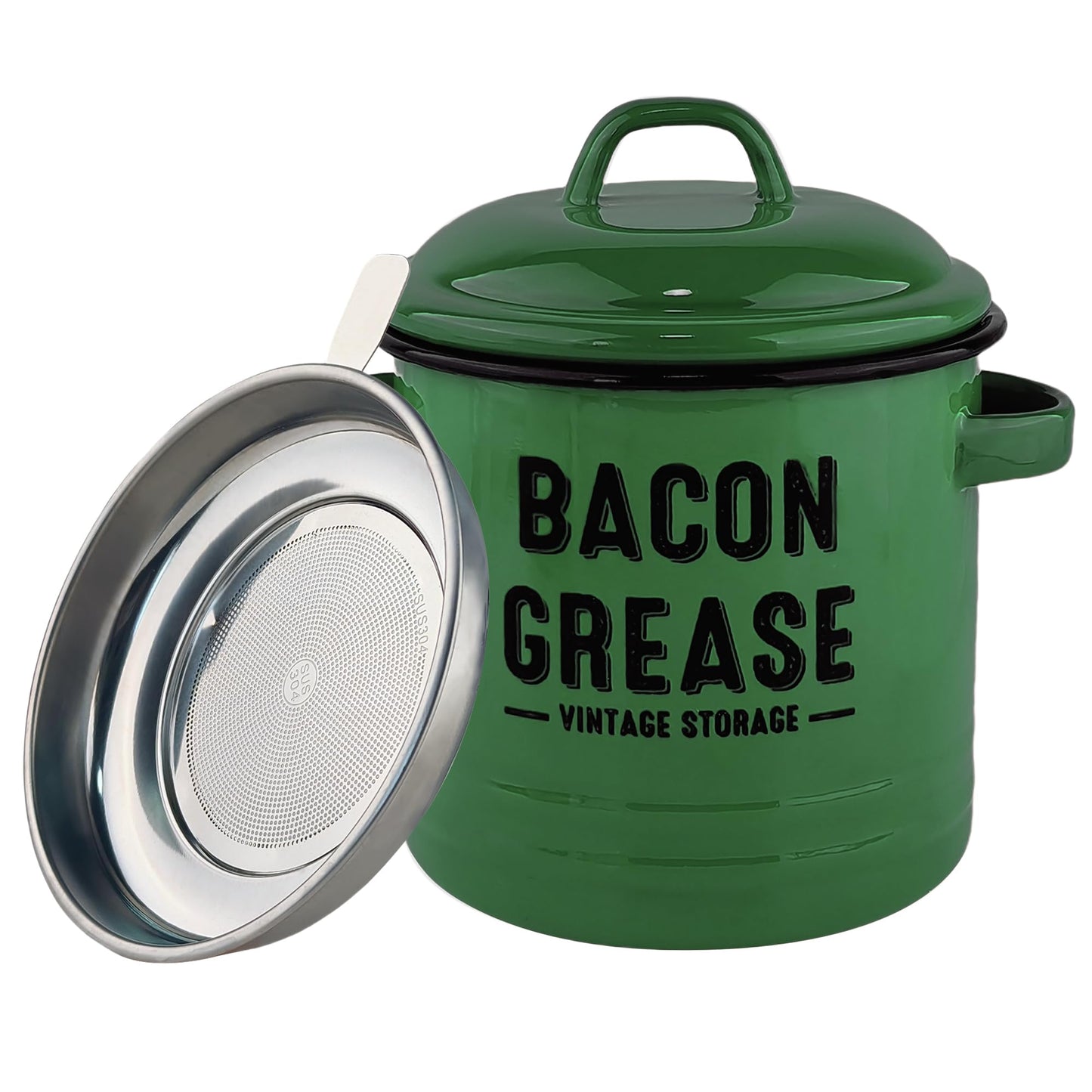 YOKODU 42oz Bacon Grease Container with Strainer,Enamel Ceramic Bacon Fat Can for Grease Drippings and Storage Grease Saver Keeper for Reuse & Disposal(green)