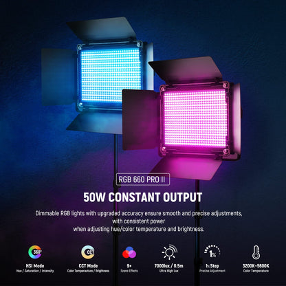 NEEWER Upgraded 660 PRO II RGB LED Video Light with App Control & Tripod Stand Kit, 2 Pack 50W/1% Min Dimming/CRI97+/3200-5600K for Game Streaming YouTube Studio, Bluetooth