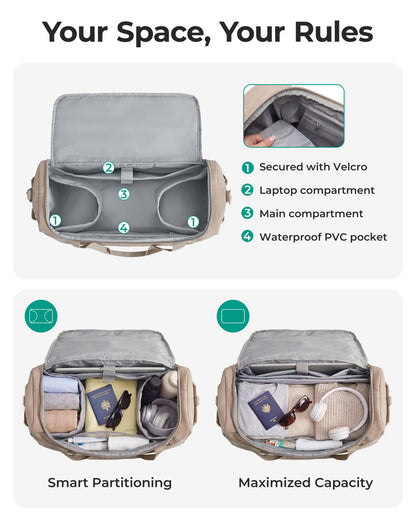 BAGSMART Travel Duffel Bags with Dividers, 32L Gym Duffle Bag with Laptop Compartment, Carry On Weekender Overnight Bag, Shoe Bag, PVC Wet Pocket, Black