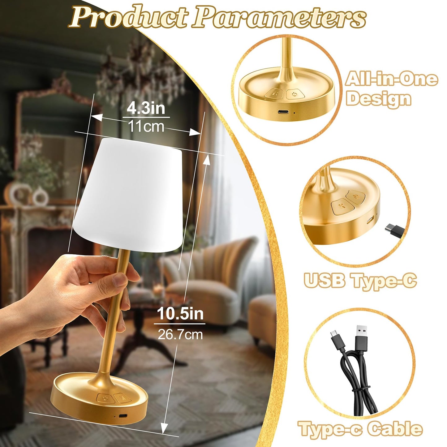 BOMFLORE Small Shower Lamp Waterproof: Table Lamp with 4000mAH Battery - Rechargeable 3 Dimmable Cordless LED Lamp for Desk Bedroom Living Room Bathroom - Gold Touch Light for Parents Kids