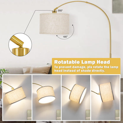 Gold Arc Floor Lamp, Dimmable Floor Lamp for Living Room, Mordern Standing Light with Adjustable Lamp Head, Tall Pole Lamp Over Couch Arched Light for Reading, Bedroom, Office, 9W LED Bulb Included