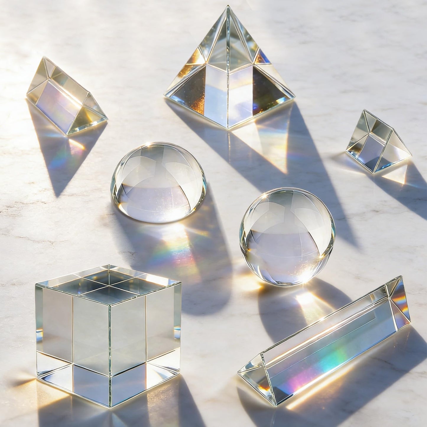 7 Pack K9 Optical Crystal Photography Prism Set, Include 1-4in Triangular Prism, 2in Crystal Glass Prism Cube, 2in Crystal Ball, 2in Dome Magnifier, Light Prism for Physics Teaching Photography Play