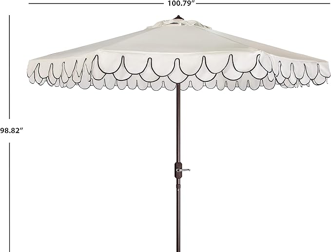 SAFAVIEH 9ft Outdoor Patio Umbrella, Round, Valance, Ivory & Black Trim, Auto Crank Tilt, UV Resistant for Deck, Backyard, Poolside (PAT8006E)