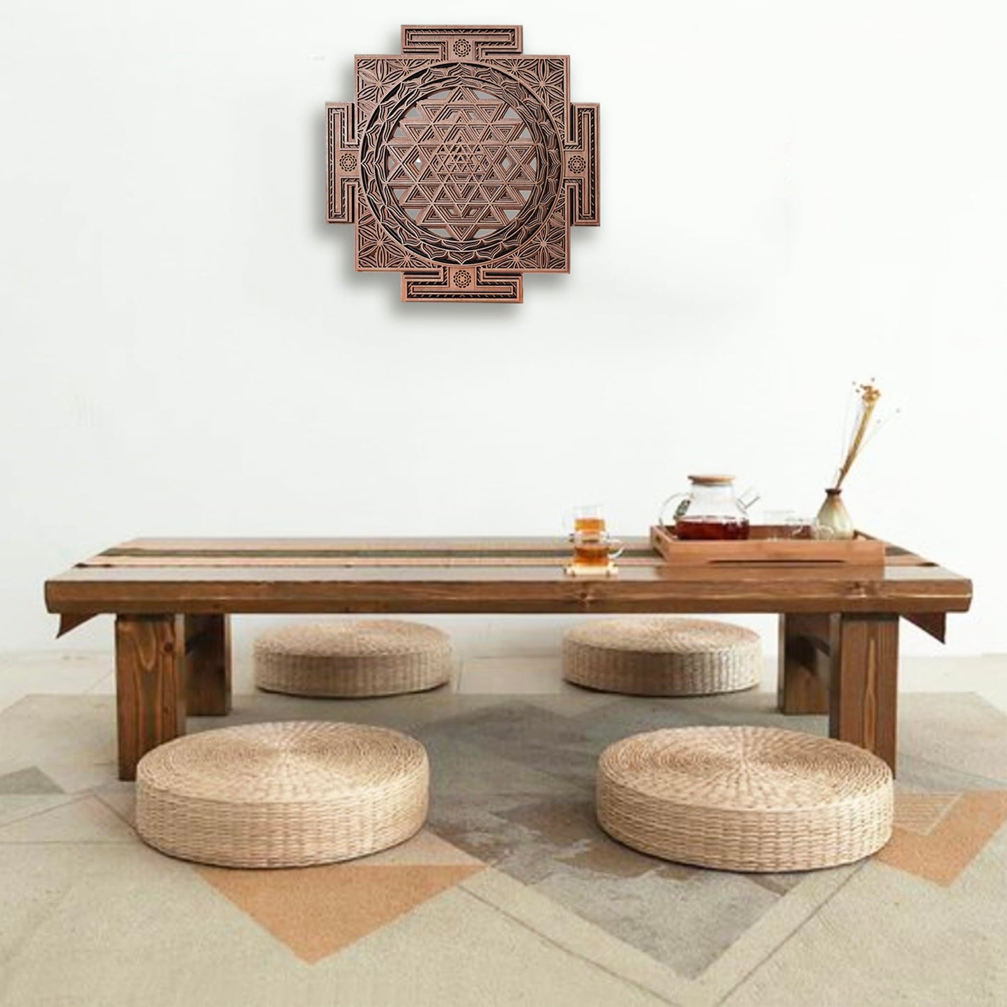 YIVFOX Handcrafted Sri Yantra Wall Art - Sacred Geometry Wood Carving for Spiritual Décor, Chakra Balancing and Meditation Space (11.8inch)