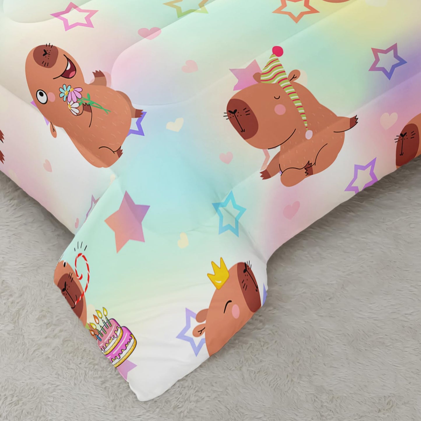 AILONEN Kawaii Capybara Comforter Set Full Size,Cute Cartoon Capybara Rainbow Bedding Set for Girls Kids,Lovely Animal Star Quilt & 2 Pillowcases-3 Pieces