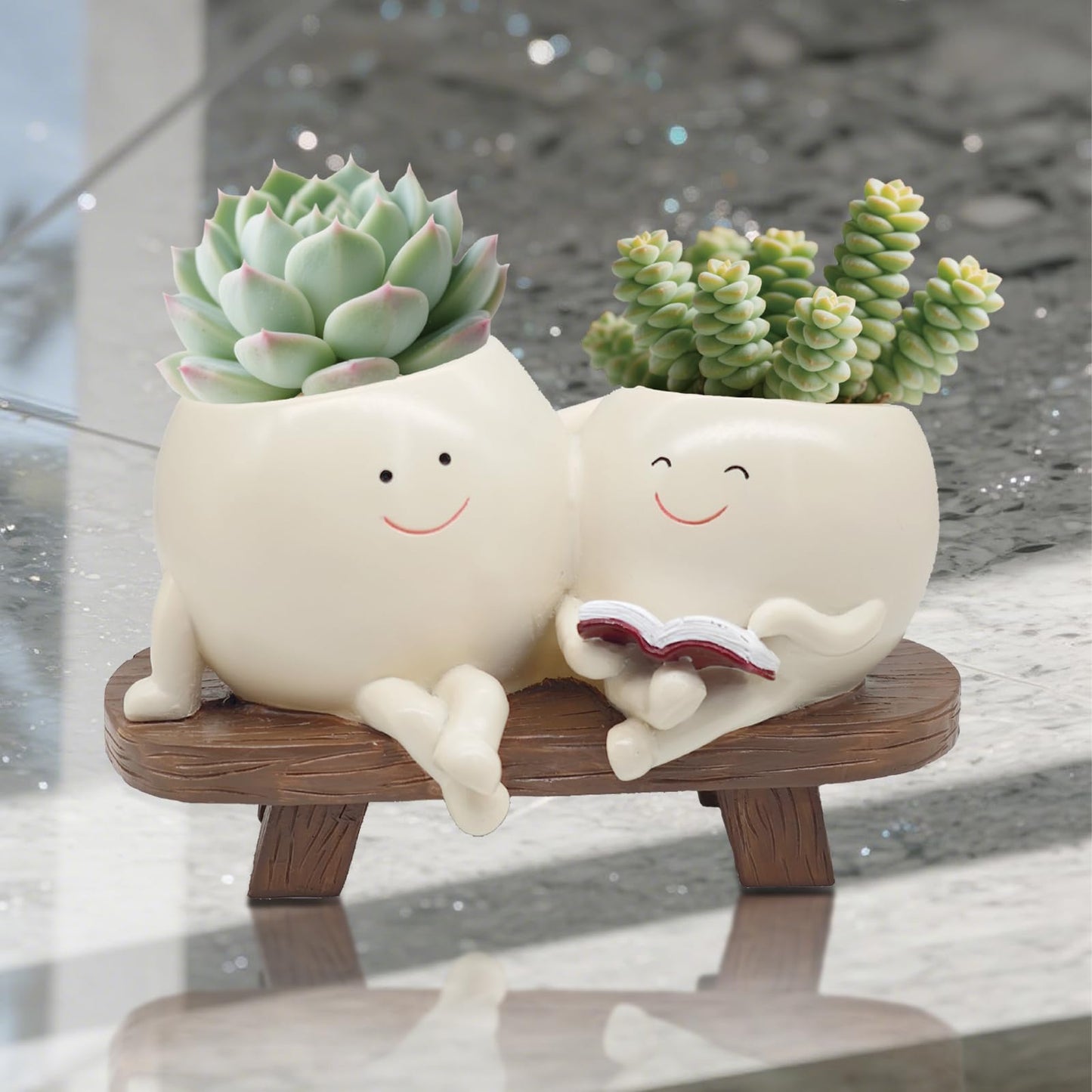 yiilead Smiley Face Planter Pot,Unique Double Head Reading Planter,with Drainage Hole Resin Cute Plant Pot,for Indoor Outdoor Plants