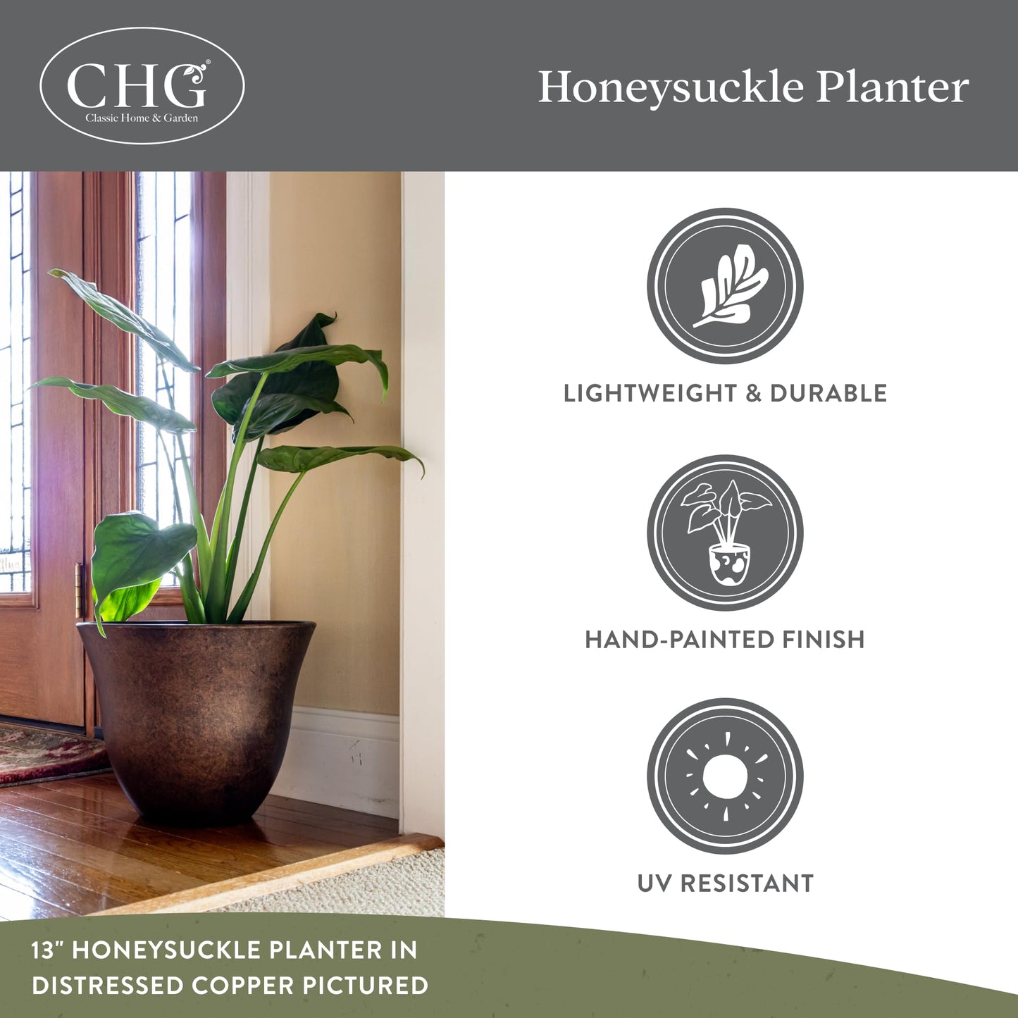 Classic Home and Garden Honeysuckle Resin Planters - Lightweight Indoor & Outdoor Plant Pots - UV-Resistant Plastic Flower Pots - Pot Planters for Flowers & Herbs (15" Blue Jean)